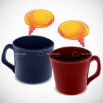 Blue and Red Coffee Mugs with Orange Dialogue Bubbles